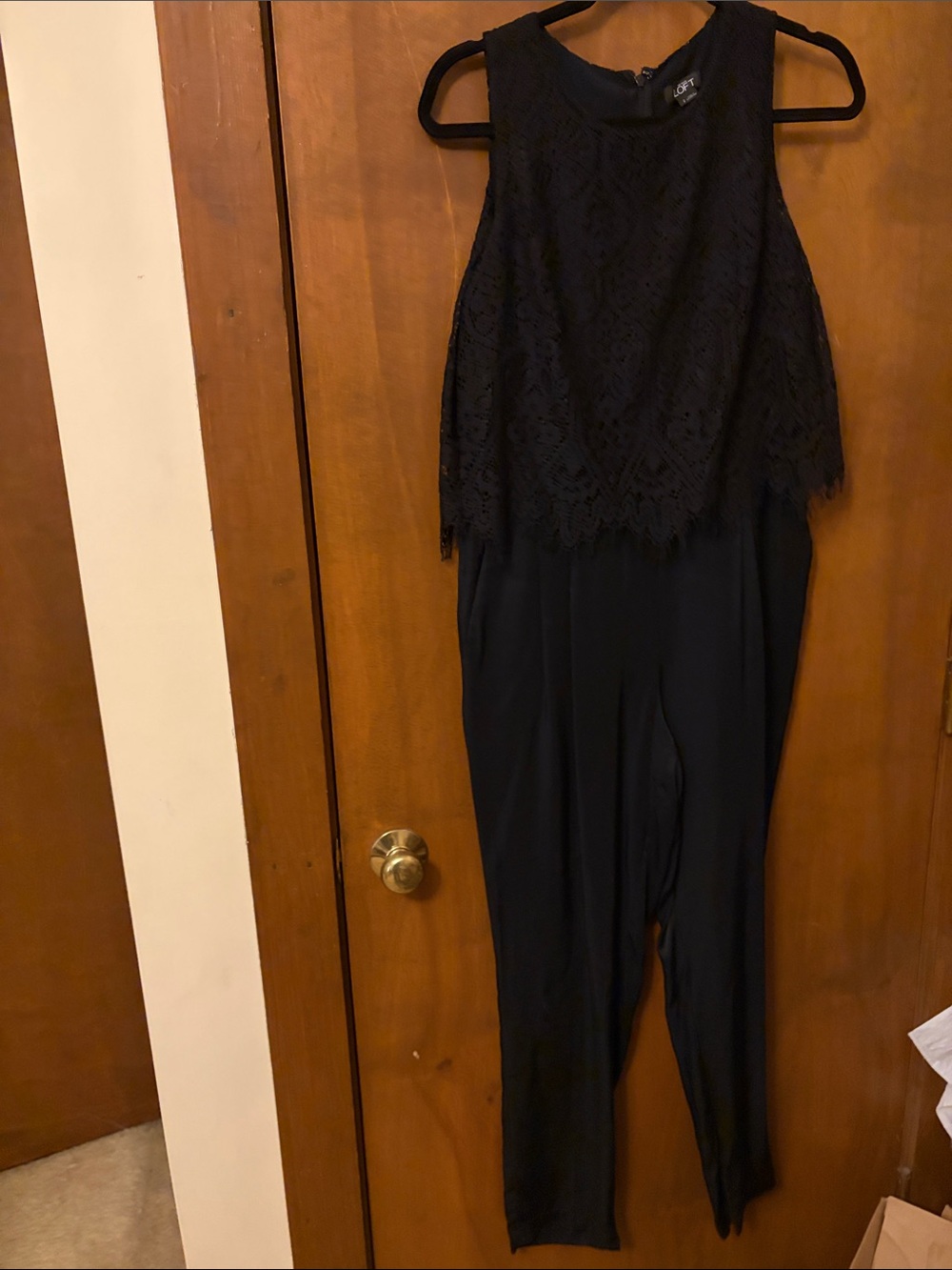 LOFT Black Lace-Overlay Sleeveless Jumpsuit
